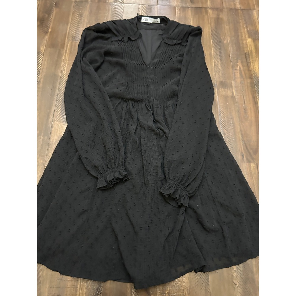 Zara Swiss Dot Mini Dress Small Black Excellent Ruffle Long Sleeve V-Neck
